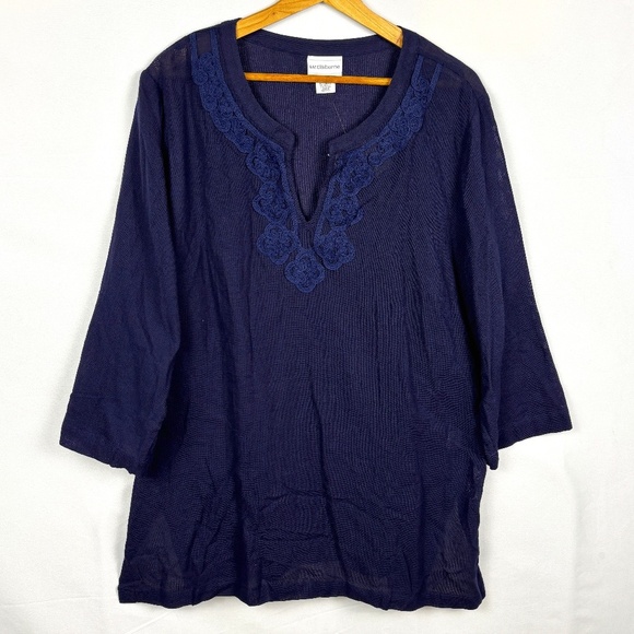 Liz Claiborne Women's Cotton Embroidered Knit Tunic Top Sz XL Sheer Breathable - Picture 2 of 10